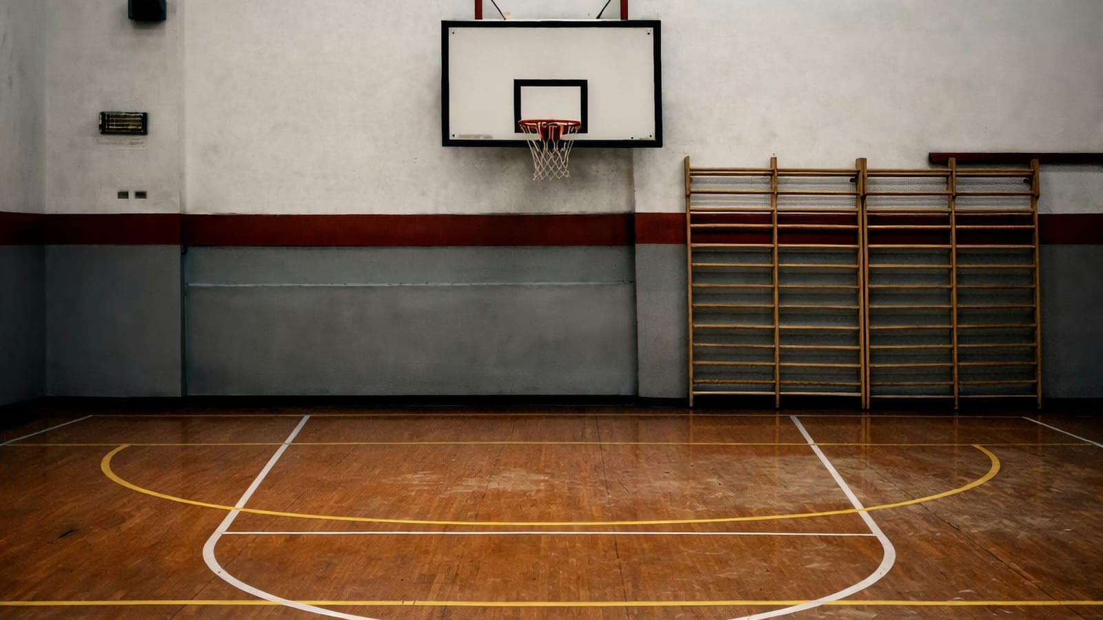 An empty gym — a backboard mounted on a scuffed white wall beside wooden wall bars, with the painted key and three-point arc on worn hardwood in the foreground
