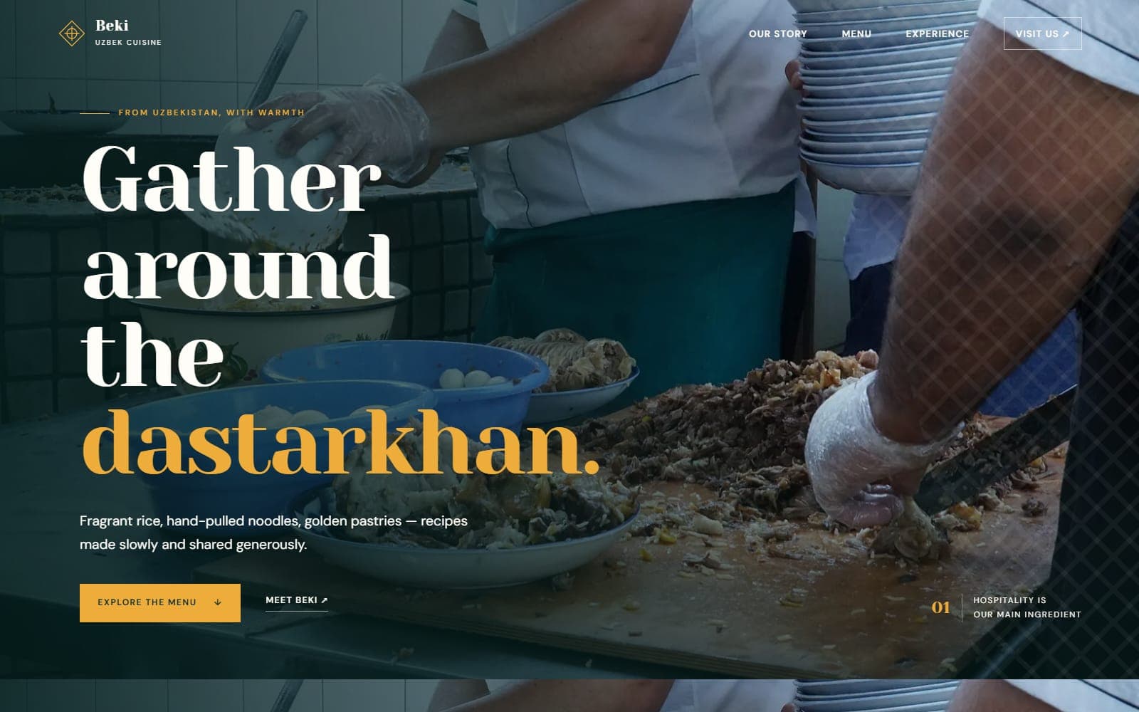 The Beki homepage — a kitchen scene of plov being prepared behind the headline "Gather around the dastarkhan"