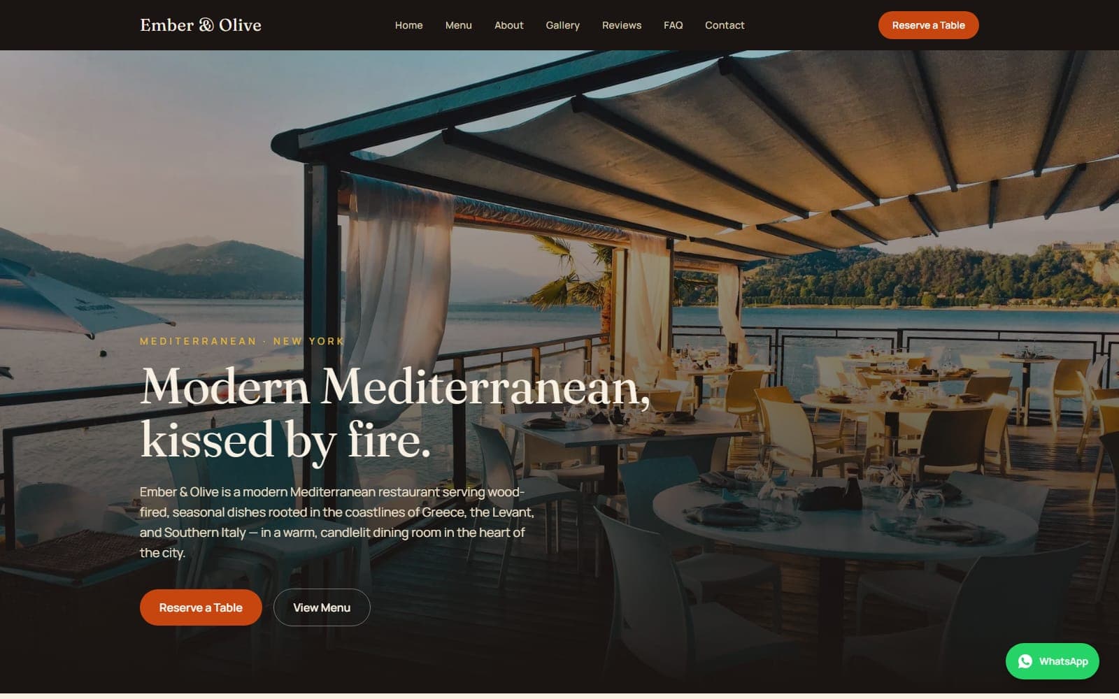 The Ember & Olive homepage, a waterside terrace at golden hour behind the headline "Modern Mediterranean, kissed by fire"