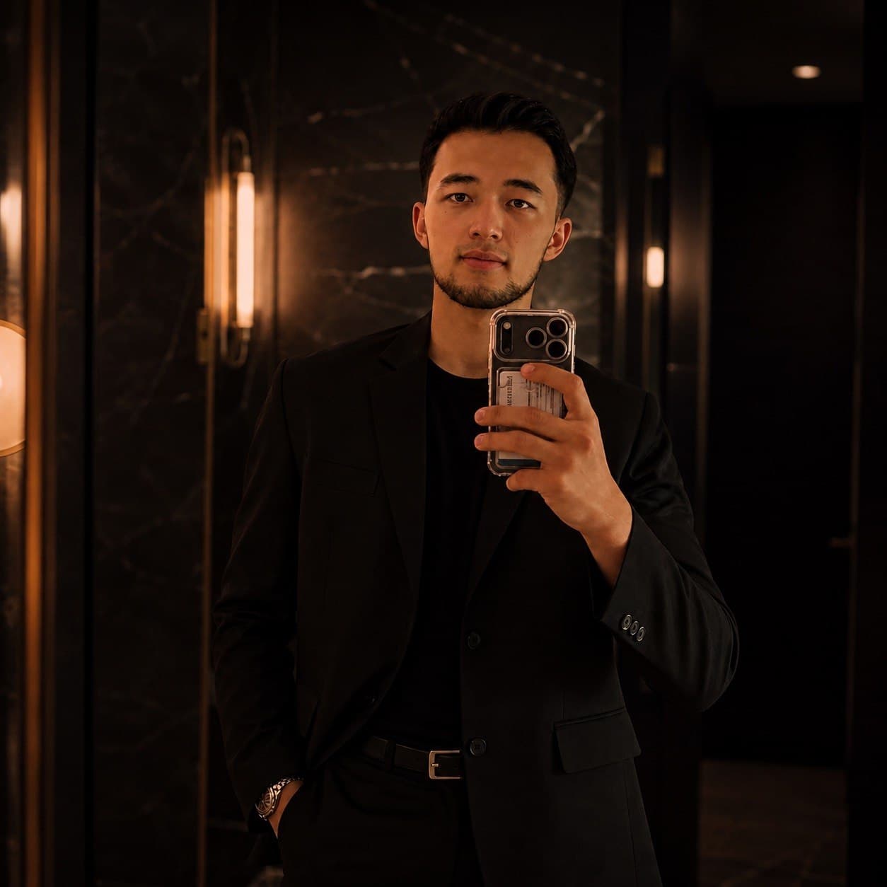 Bek in a black suit, photographed in a mirror in a dark marble-lined corridor lit by warm wall lights