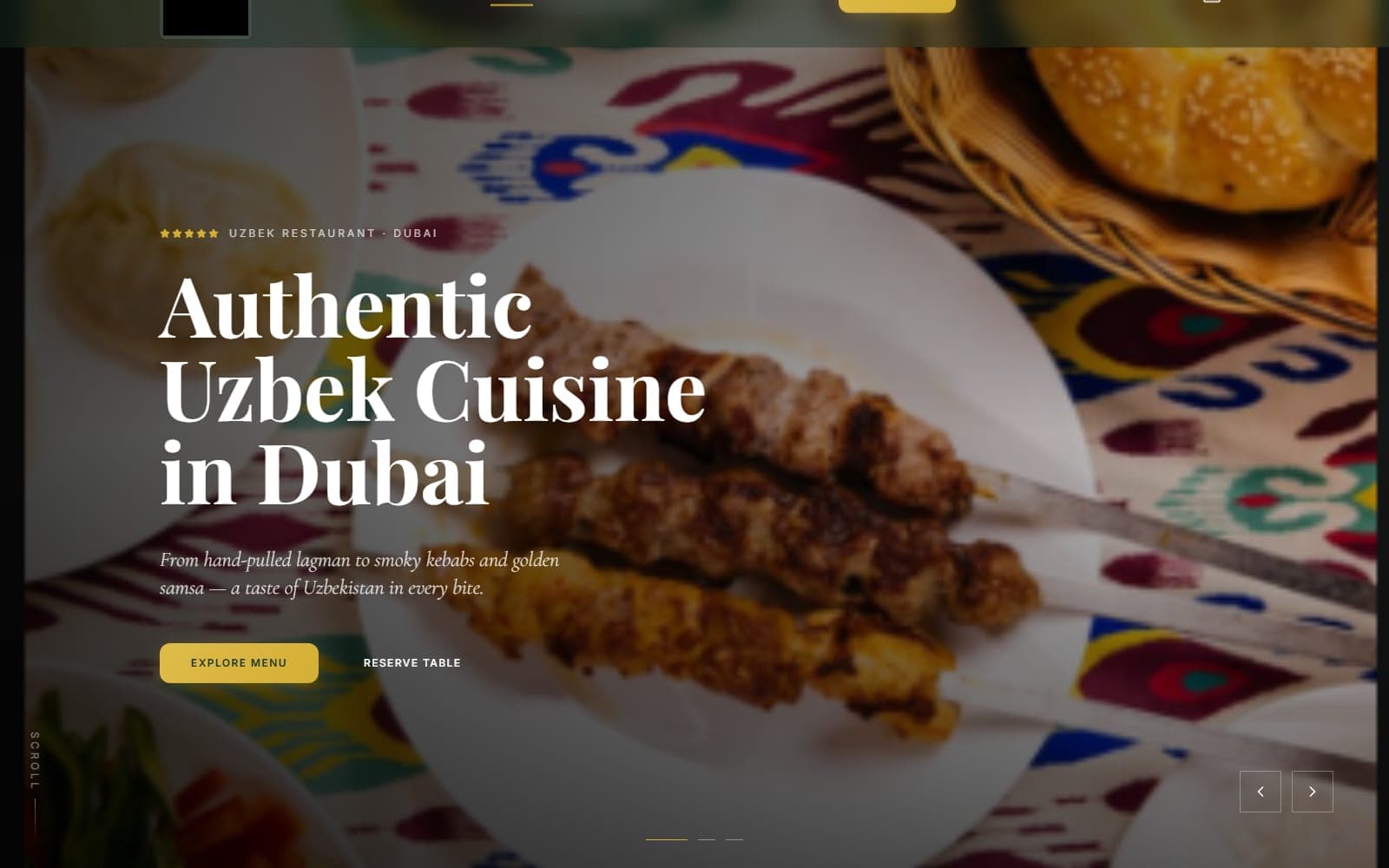 The Donaza homepage — charcoal-grilled skewers on a patterned Uzbek tablecloth behind the headline "Authentic Uzbek Cuisine in Dubai"