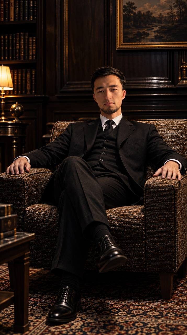 A generated portrait of me in a black three-piece suit, seated in a tweed armchair in a wood-panelled library beside a brass lamp