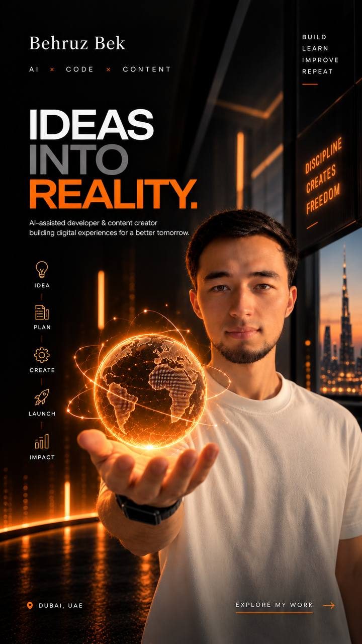 A poster reading Ideas Into Reality, with a glowing wireframe globe held in my hand, a five-step ladder from Idea to Impact, and the Burj Khalifa at sunset through a window