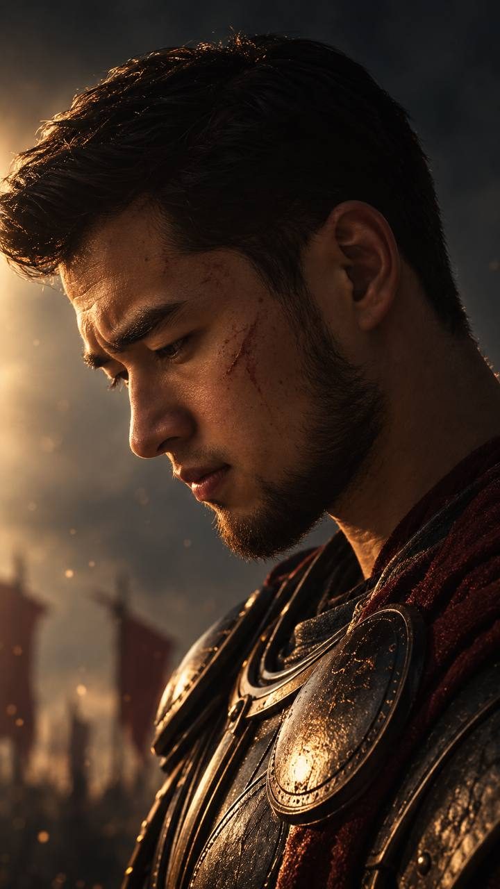 A generated portrait of me as a Roman general, backlit at dusk in ornate armour with a scar across one cheek, red banners blurred behind
