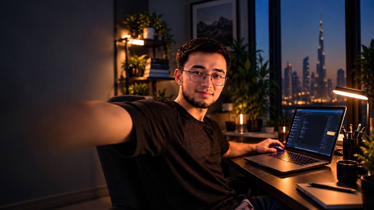 A night desk scene: me at a laptop with plants, warm lamplight and the Dubai skyline through the window behind
